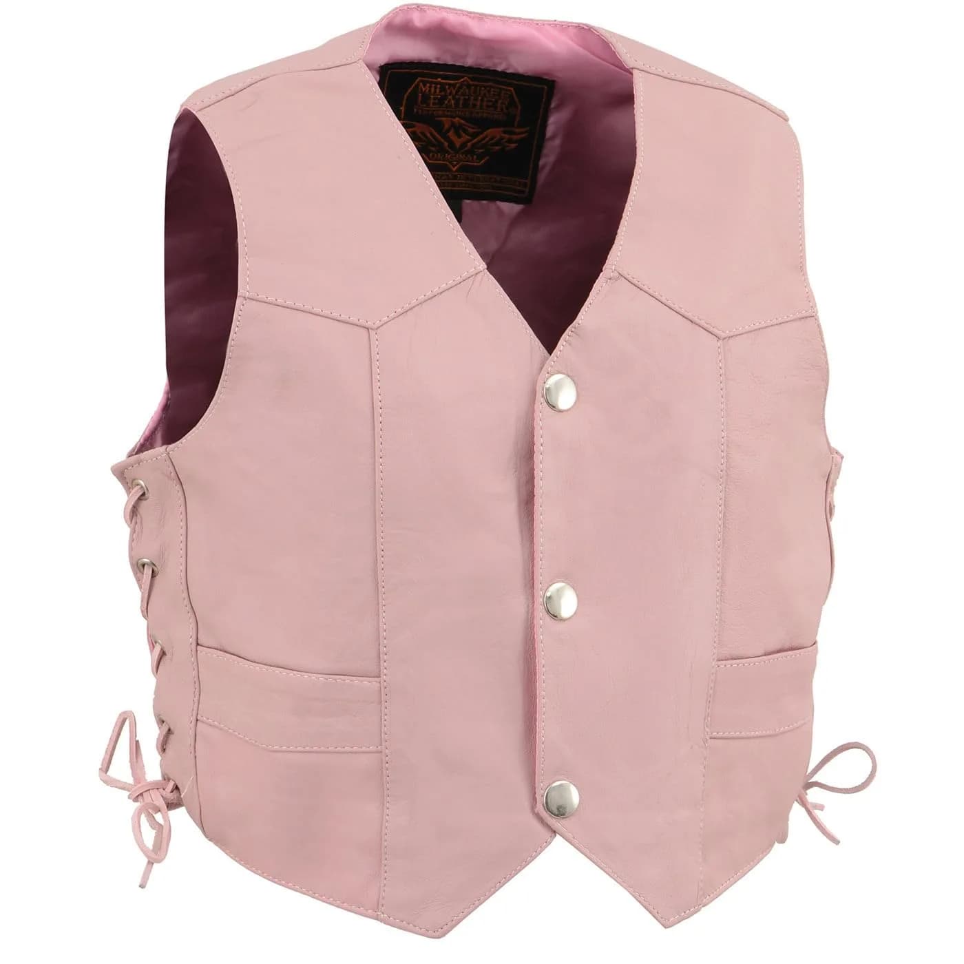 Milwaukee Leather Girls' Pink Side Lace Vest (X-Small) | Kids Motorcycle Vest with Classic Snap Front