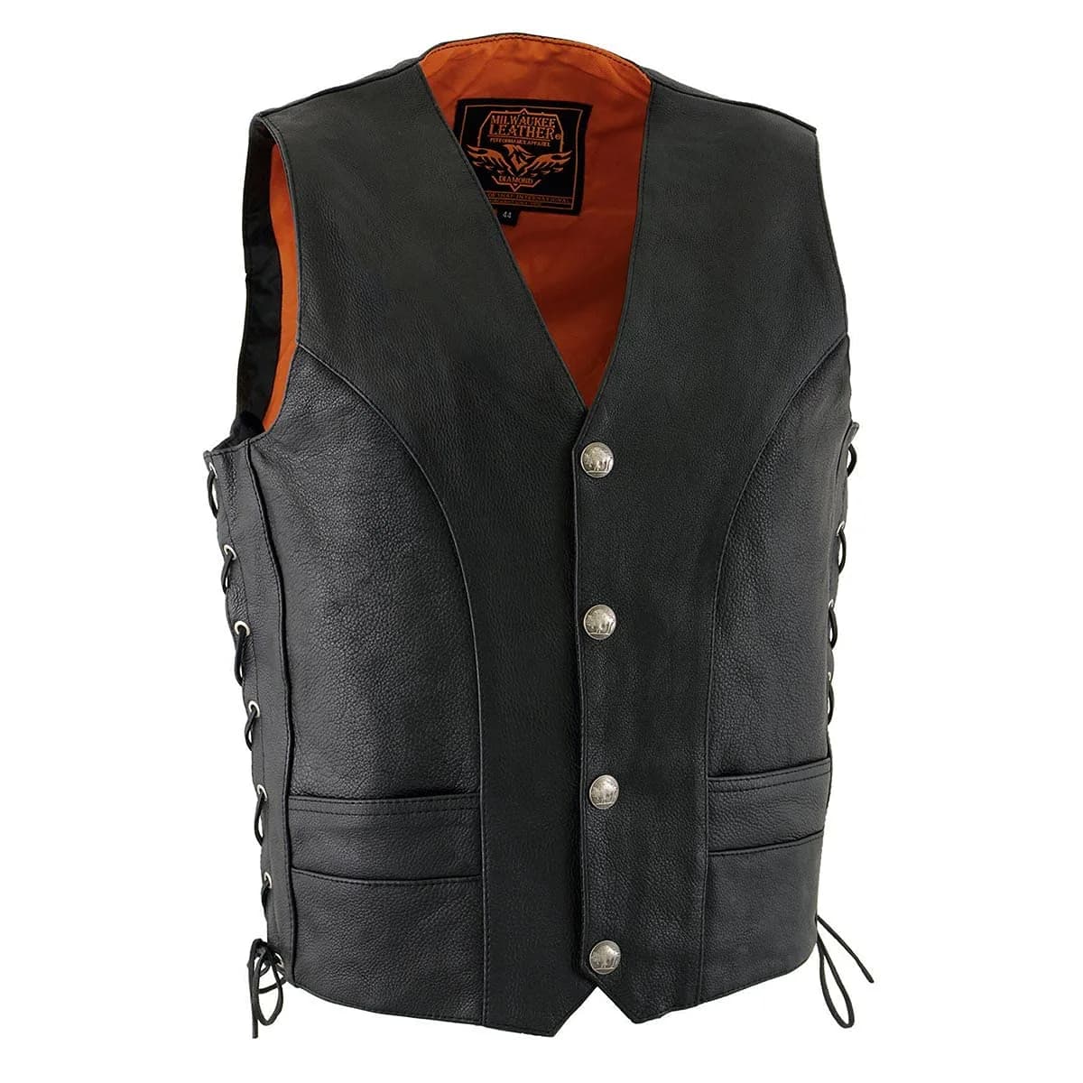 Milwaukee Leather ML1369 Men's Black Premium Leather Side Lace Motorcycle Vest | Buffalo Nickel Snaps Closure