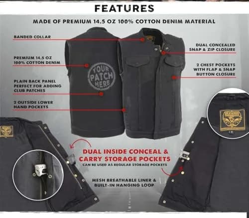 Milwaukee Leather MDM3000 Men's Black Denim Vest | Quick Draw Dual Closure Biker Style thumbnail 2