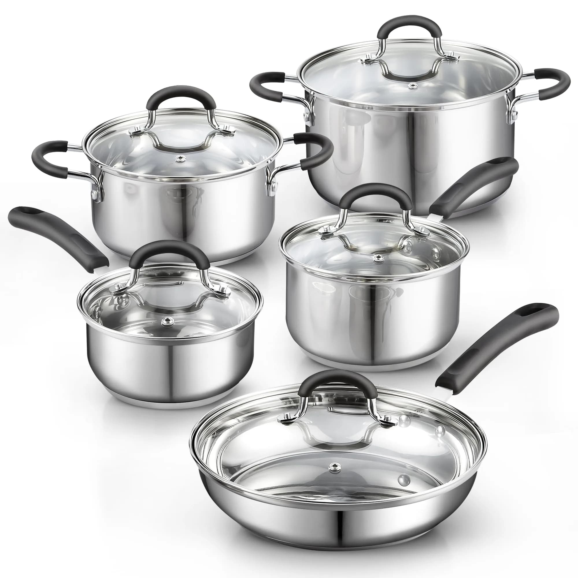 Cook N Home 10-Piece Stainless Steel Cookware Set | Induction Compatible, Oven Safe to 400°F, Dishwasher Safe