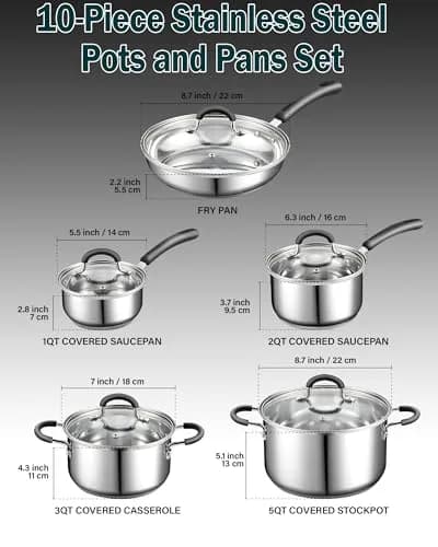 Cook N Home 10-Piece Stainless Steel Cookware Set | Induction Compatible, Oven Safe to 400°F, Dishwasher Safe thumbnail 2