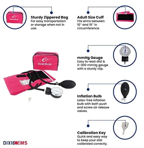 Dixie EMS Deluxe Aneroid Sphygmomanometer Blood Pressure Set with Adult Cuff, Carrying Case & Calibration Tool - Pink | Accurate Manual BP Monitor thumbnail 2