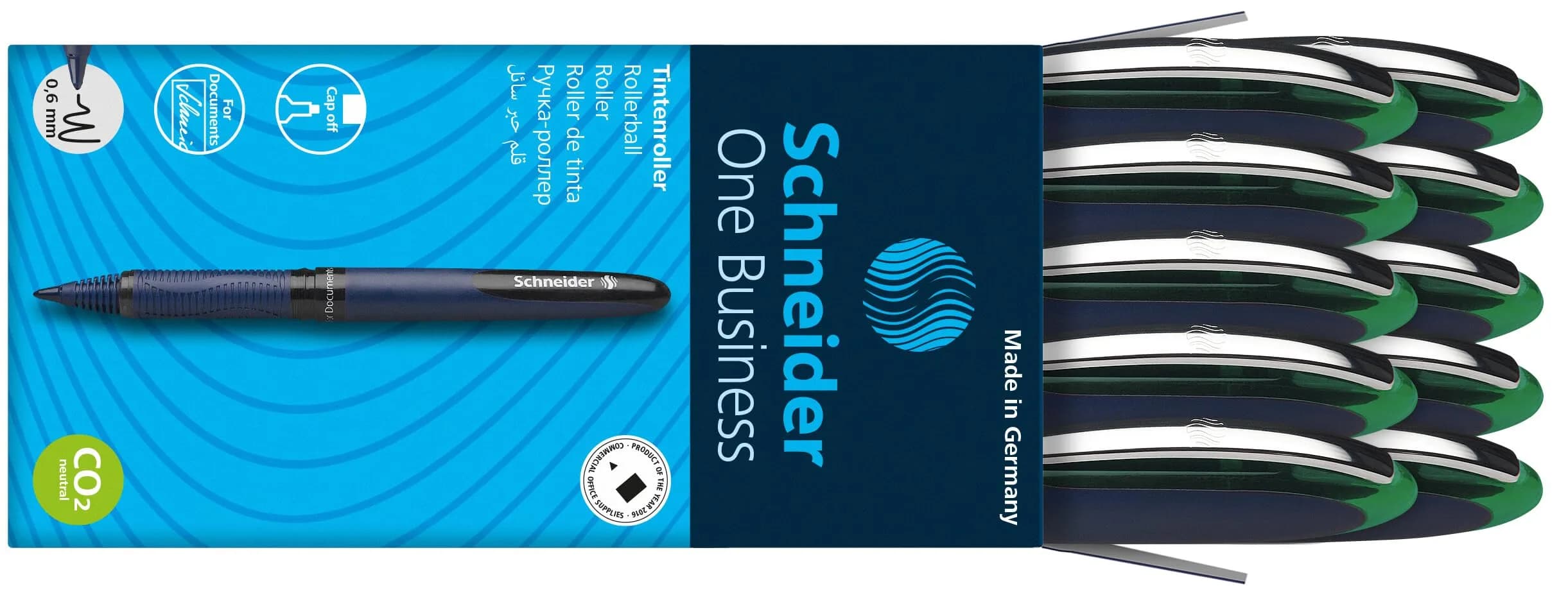 Schneider One Business Rollerball Pen, 0.6 mm Ultra-Smooth Tip, Blue Barrel, Green Ink, Box of 10 Pens | ISO 14145-2 Waterproof - view 5