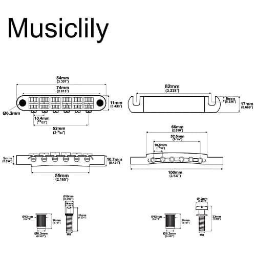 Musiclily ABR-1 Tune-o-matic Bridge & Tailpiece Set for Epiphone Les Paul/SG Style Guitars, Chrome | 52mm Bridge, 52.5mm Tailpiece thumbnail 2