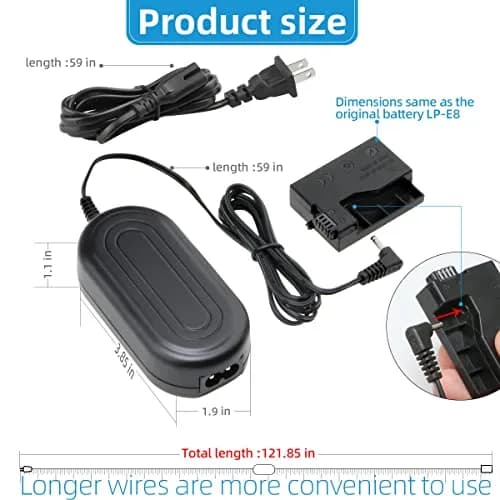 GLORICH ACK-E8 AC Power Adapter & DR-E8 DC Coupler LP-E8 Dummy Battery for Canon EOS Rebel T5i, T4i, T3i, T2i, 700D, 650D, 600D, 550D Cameras | Continuous Studio Power thumbnail 5