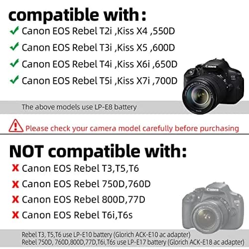 GLORICH ACK-E8 AC Power Adapter & DR-E8 DC Coupler LP-E8 Dummy Battery for Canon EOS Rebel T5i, T4i, T3i, T2i, 700D, 650D, 600D, 550D Cameras | Continuous Studio Power thumbnail 3