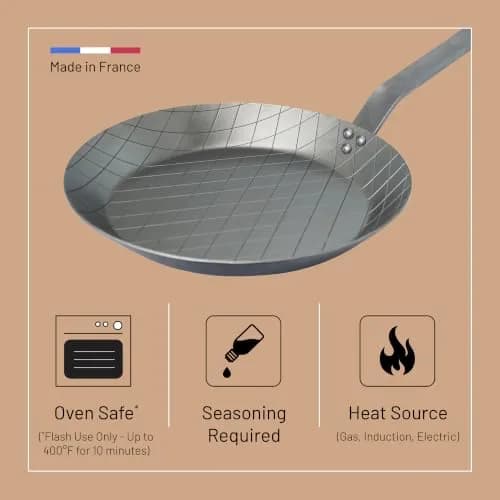 de Buyer Mineral B Carbon Steel Steak Pan - 11” Diameter | Naturally Non-Stick French Cookware thumbnail 4