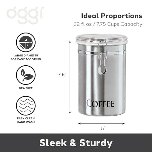 Oggi Stainless Steel Coffee Canister 62 fl oz | Airtight Clamp Lid, See-Thru Top, Durable Kitchen Storage thumbnail 2