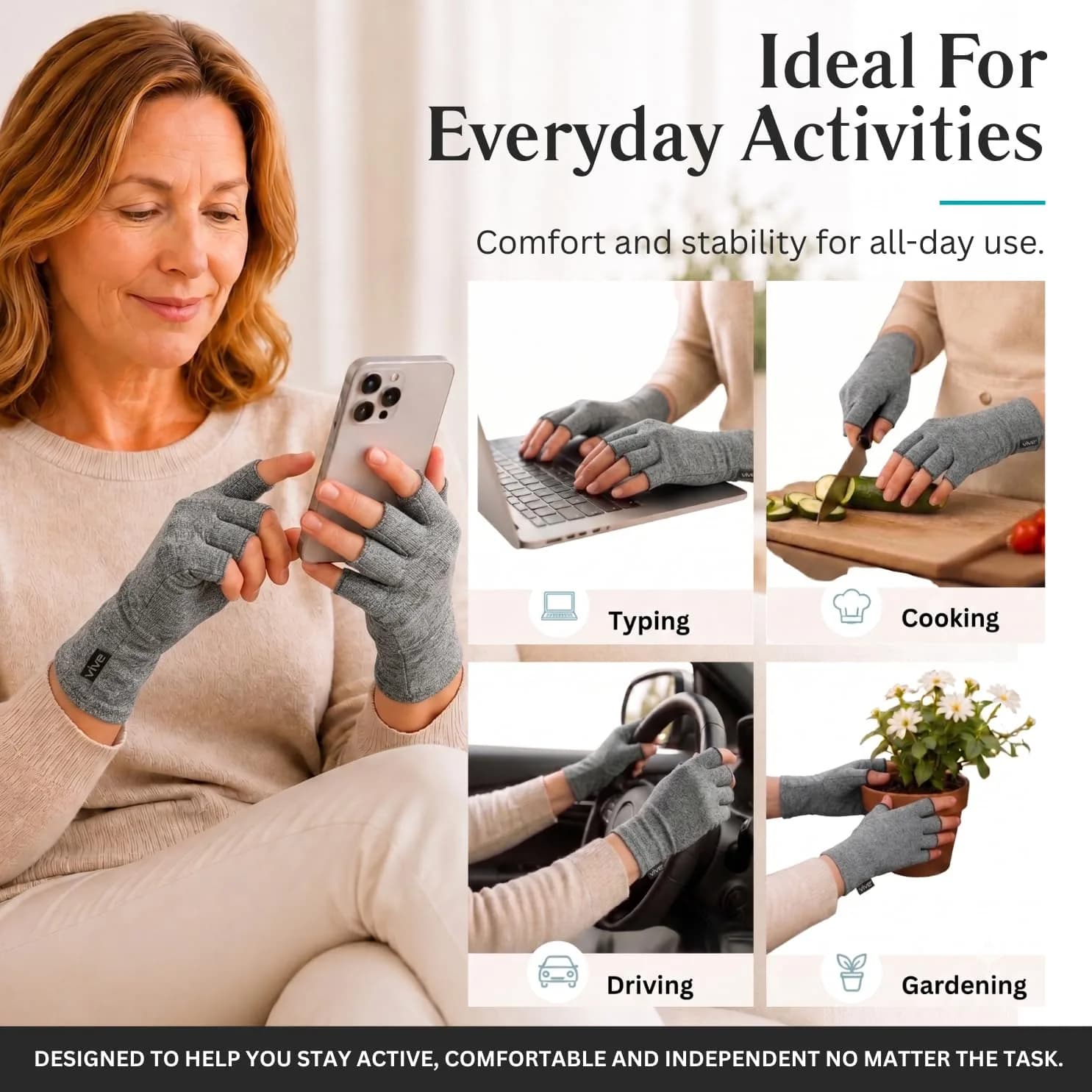 Vive Arthritis Gloves for Pain Relief - Large Grey Cotton-Spandex Blend | Unisex Compression Support - view 6
