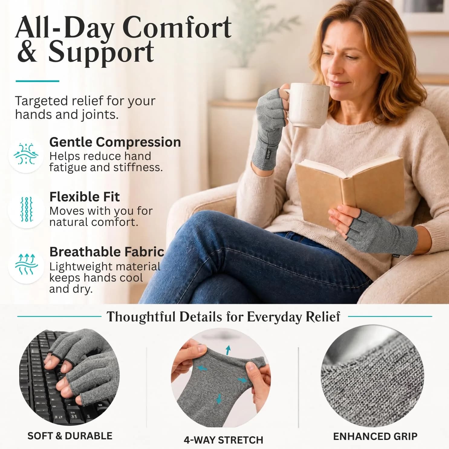 Vive Arthritis Gloves for Pain Relief - Large Grey Cotton-Spandex Blend | Unisex Compression Support - view 7