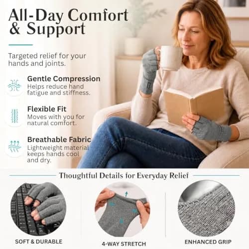 Vive Arthritis Gloves for Pain Relief - Large Grey Cotton-Spandex Blend | Unisex Compression Support thumbnail 7