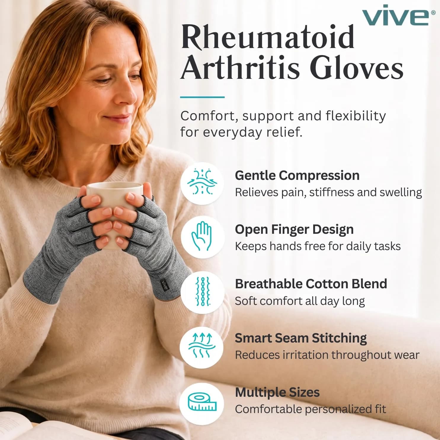 Vive Arthritis Gloves for Men & Women - Rheumatoid Compression Hand Glove with Wrist Support - Small, Grey | Soothing Pain Relief for Osteoarthritis & Carpal Tunnel - view 2