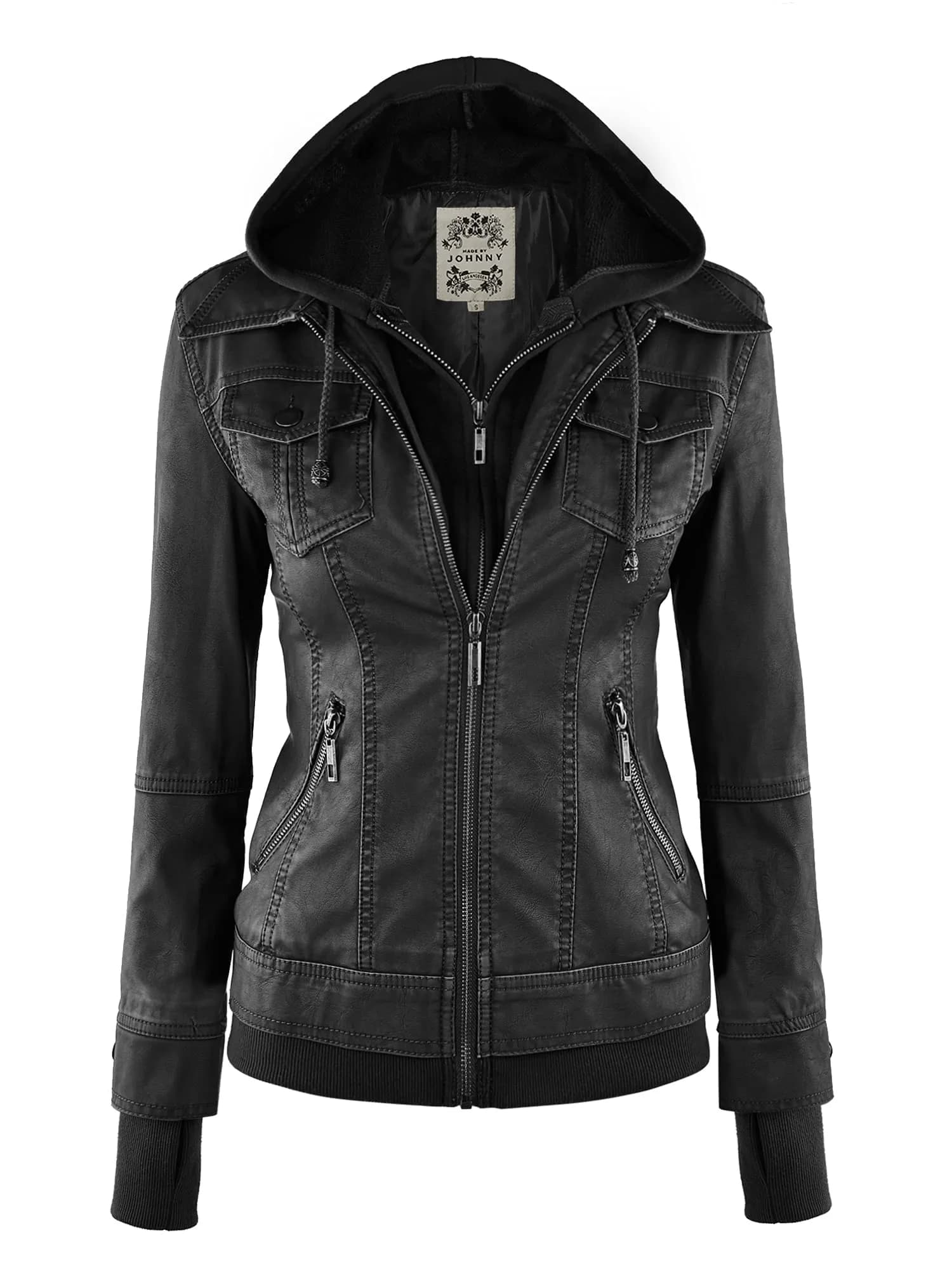 Made By Johnny Womens Faux Leather Jacket with Hoodie XL Black | Medium Weight, Fully Lined, Zipper Closure