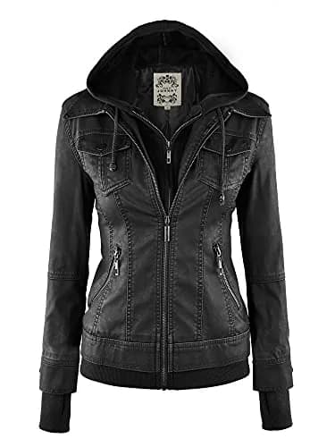 Made By Johnny Womens Faux Leather Jacket with Hoodie XL Black | Medium Weight, Fully Lined, Zipper Closure thumbnail 1