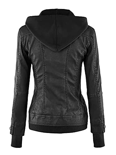 Made By Johnny Womens Faux Leather Jacket with Hoodie XL Black | Medium Weight, Fully Lined, Zipper Closure thumbnail 4