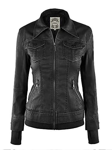 Made By Johnny Womens Faux Leather Jacket with Hoodie XL Black | Medium Weight, Fully Lined, Zipper Closure thumbnail 5