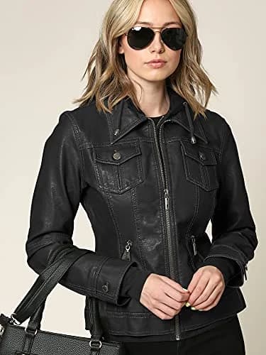 Made By Johnny Womens Faux Leather Jacket with Hoodie XL Black | Medium Weight, Fully Lined, Zipper Closure thumbnail 3