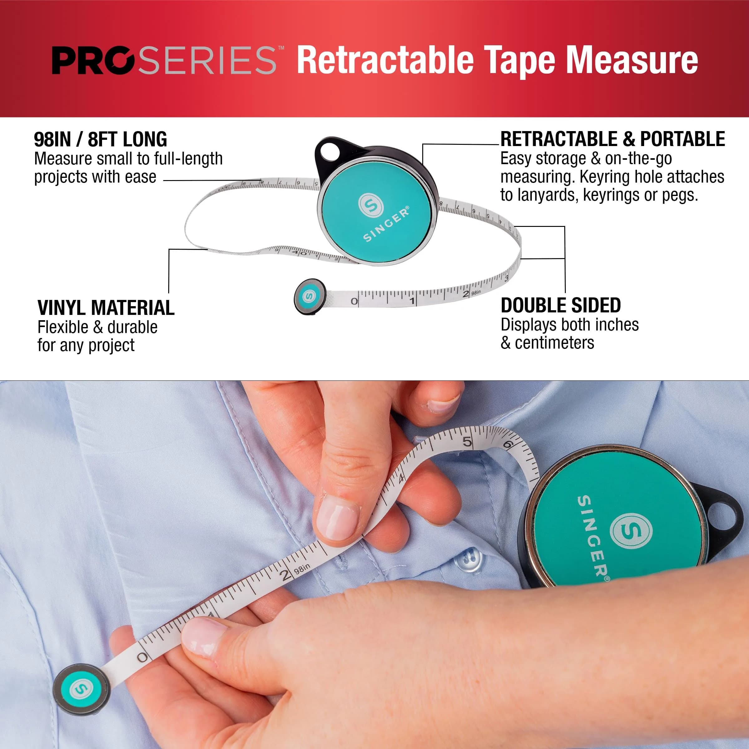 SINGER ProSeries Retractable Tape Measure 2.5m (98-Inch) | Tailor Tape Measure for Body & Fabric - view 2
