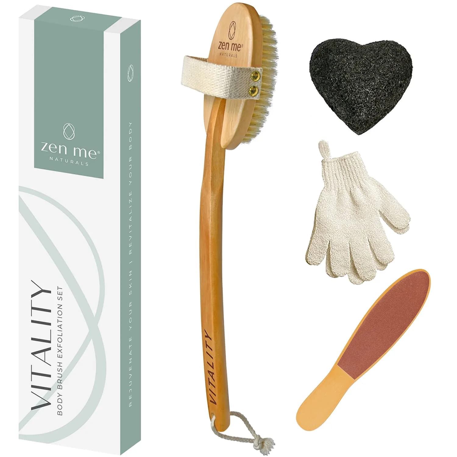 ZEN ME Skin Cleaning Brush Set | Natural Exfoliation Kit with Boar Bristle, Gloves, Konjac Sponge & Foot File for Lymphatic Drainage — Set