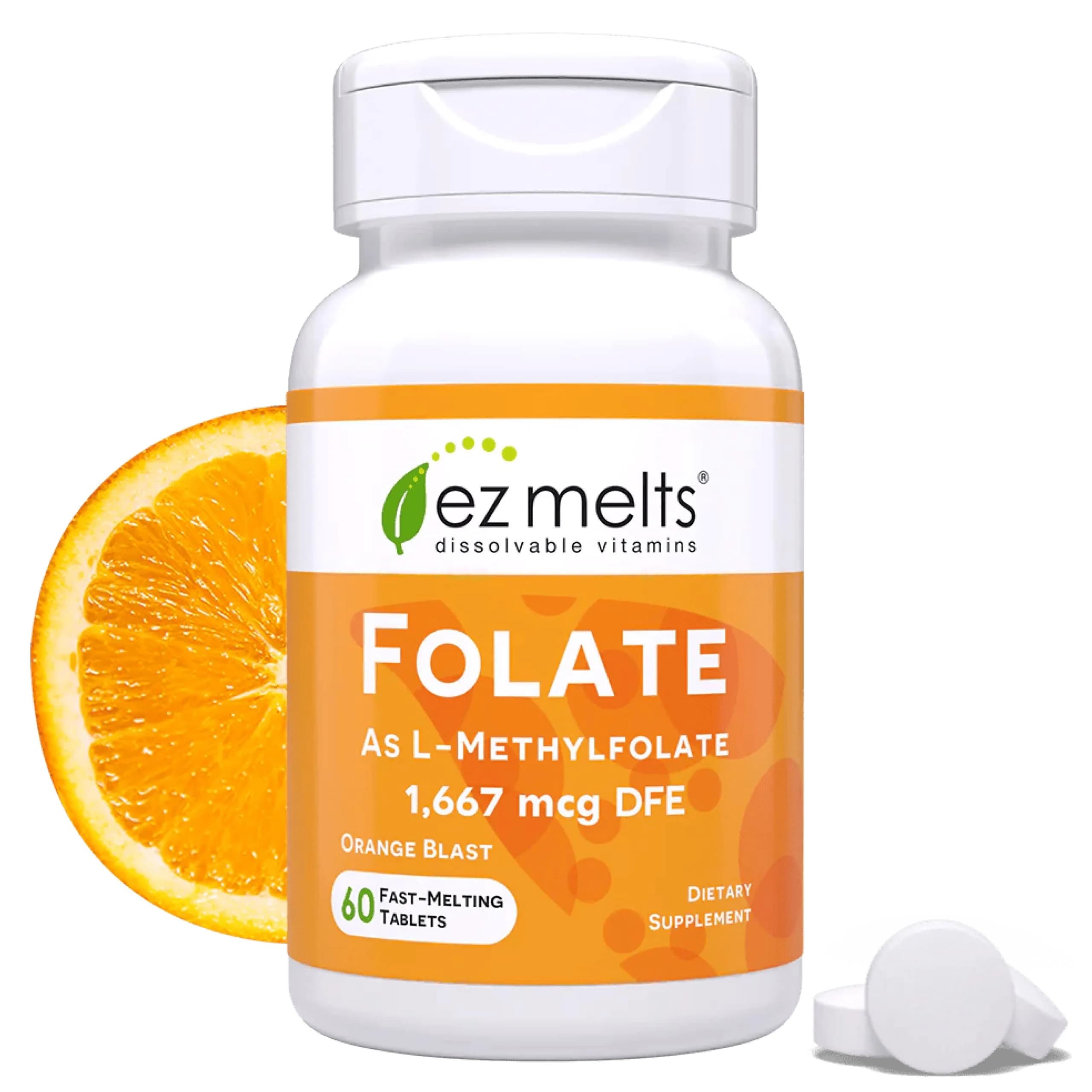 EZ Melts Dissolvable Folate 1,667 mcg DFE | Orange Blast Vitamin for Heart & Nervous System — Tablet