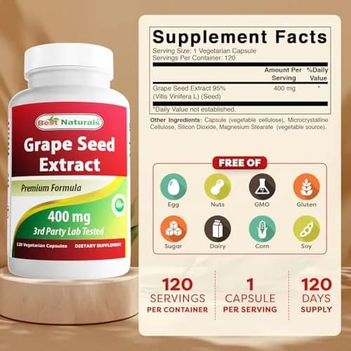 Best Naturals Grapeseed Extract 400 mg | 120 Vegetarian Capsules, Unflavoured, USA Import thumbnail 2