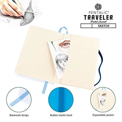 Pentalic 4" x 6" Pocket Sketchbook Traveler Journal, 160 Pages, Bright Blue | Acid-Free, Recycled Sketch Paper thumbnail 4