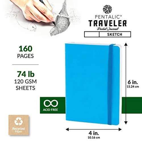 Pentalic 4" x 6" Pocket Sketchbook Traveler Journal, 160 Pages, Bright Blue | Acid-Free, Recycled Sketch Paper thumbnail 3