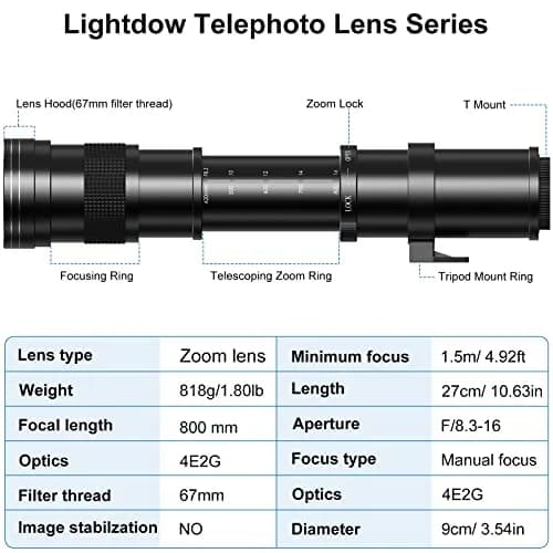 lightdow EF/EF-S 420-800mm F8.3 Telephoto Zoom Lens (MF) for Canon DSLR | Manual Focus, 420-800mm, 67mm Filter thumbnail 2