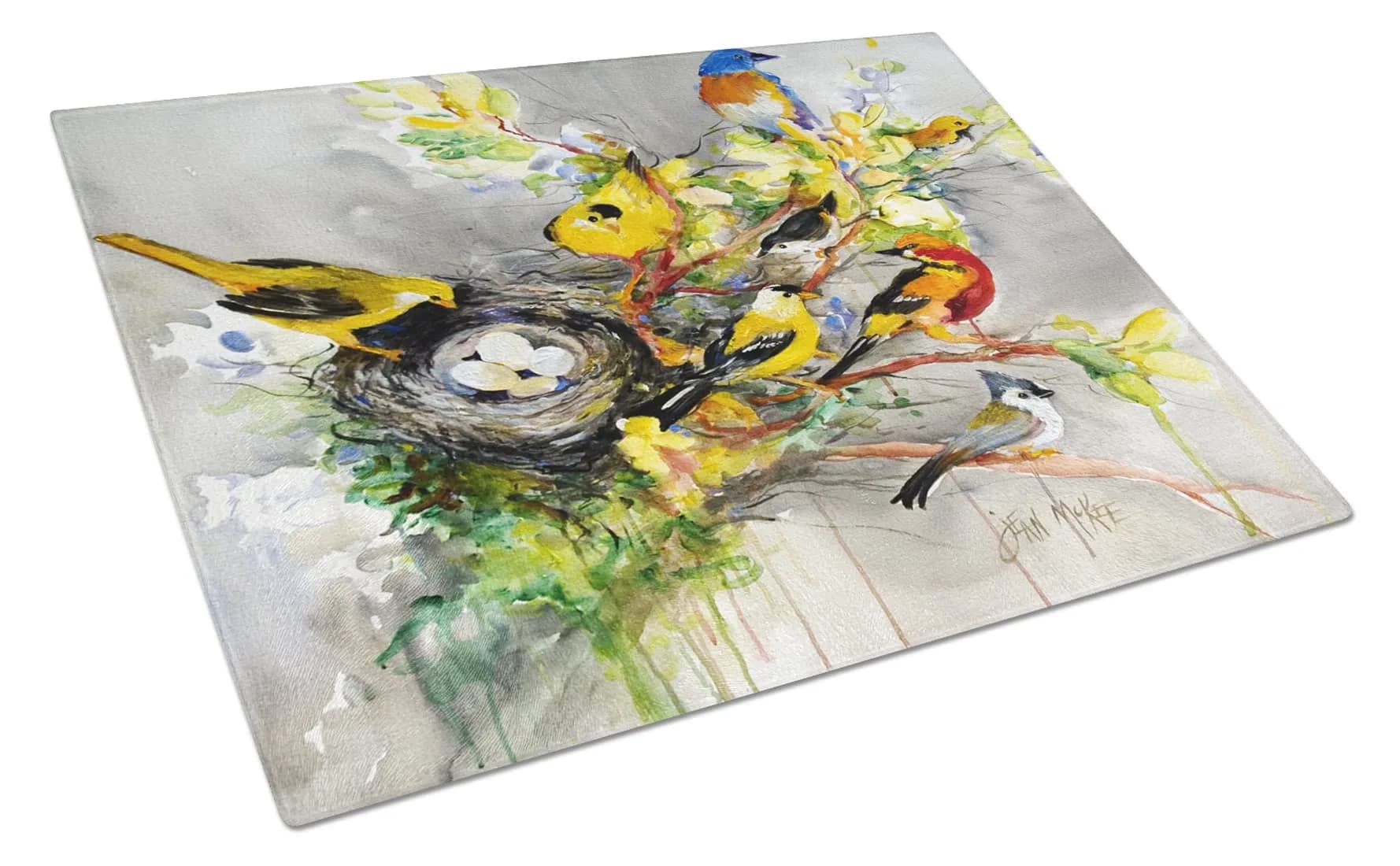 Caroline's Treasures JMK1024LCB Spring Birds Glass Cutting Board Large Heat-Resistant Tempered Glass Kitchen Decor