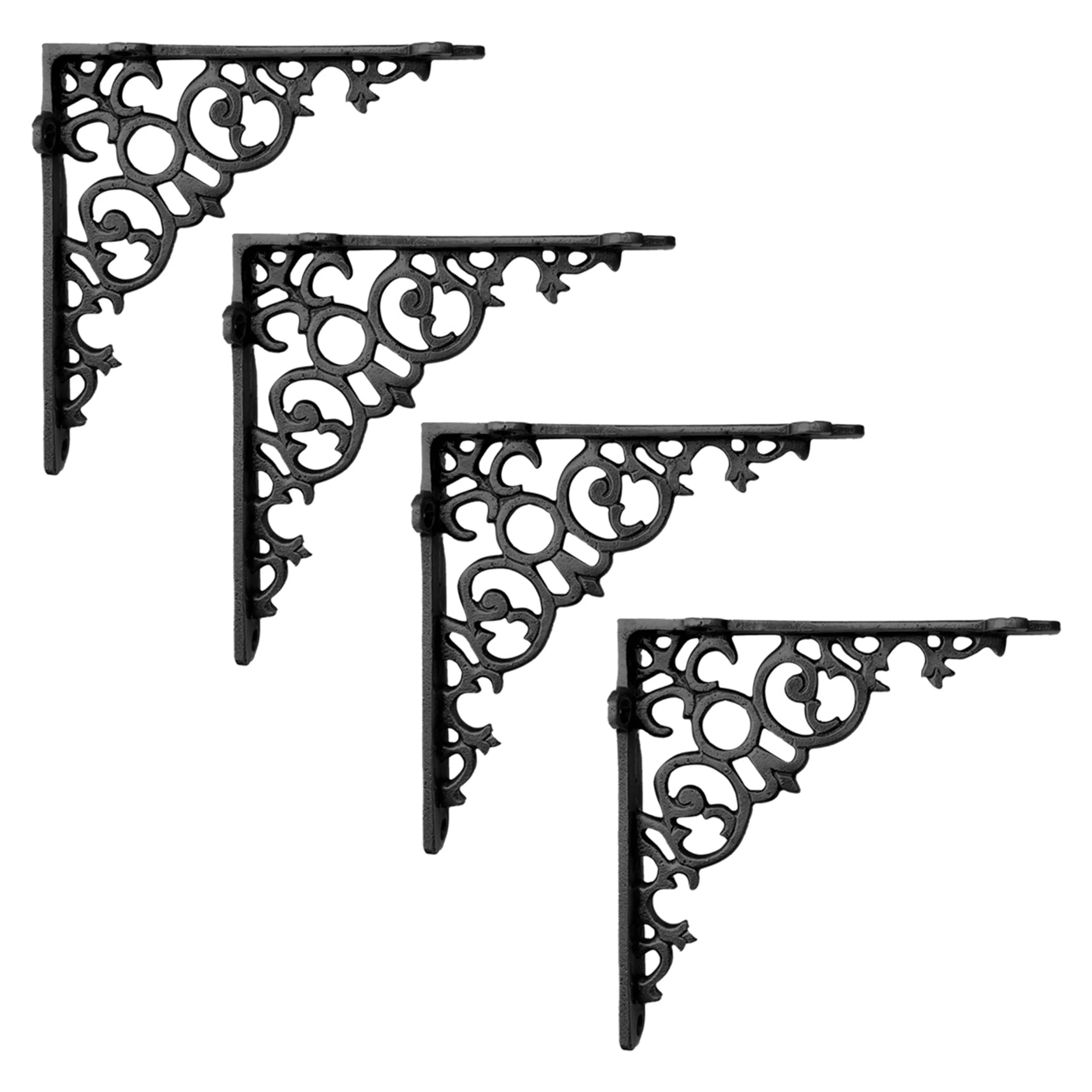 NACH Decorative Shelf Brackets 6 x 1.3 x 6 inch | Heavy Duty Cast Iron Victorian Shelf Support — Black