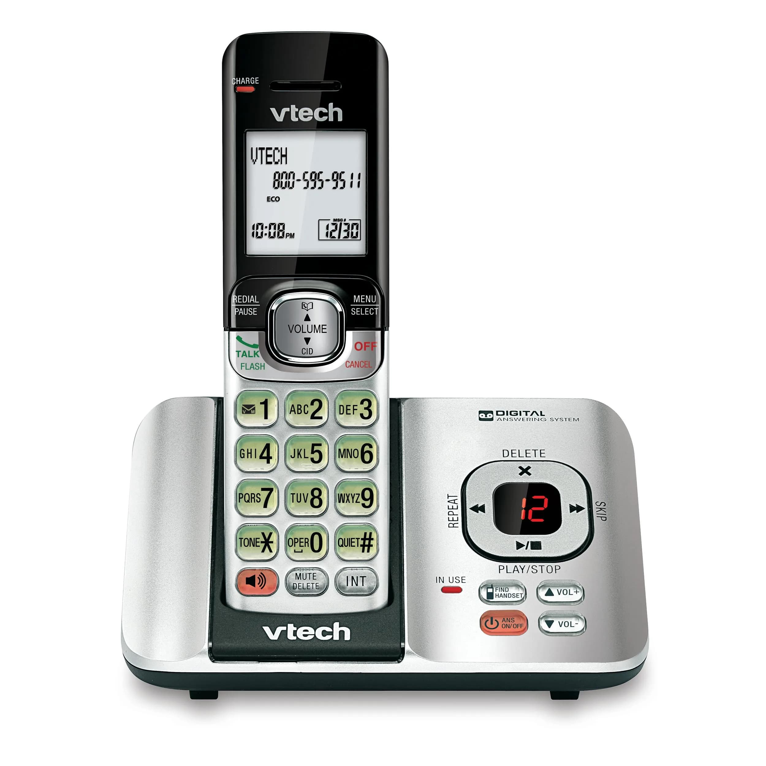 VTech CS6529 1-Handset Cordless Phone with Answering Machine | DECT 6.0, Caller ID, Silver/Black
