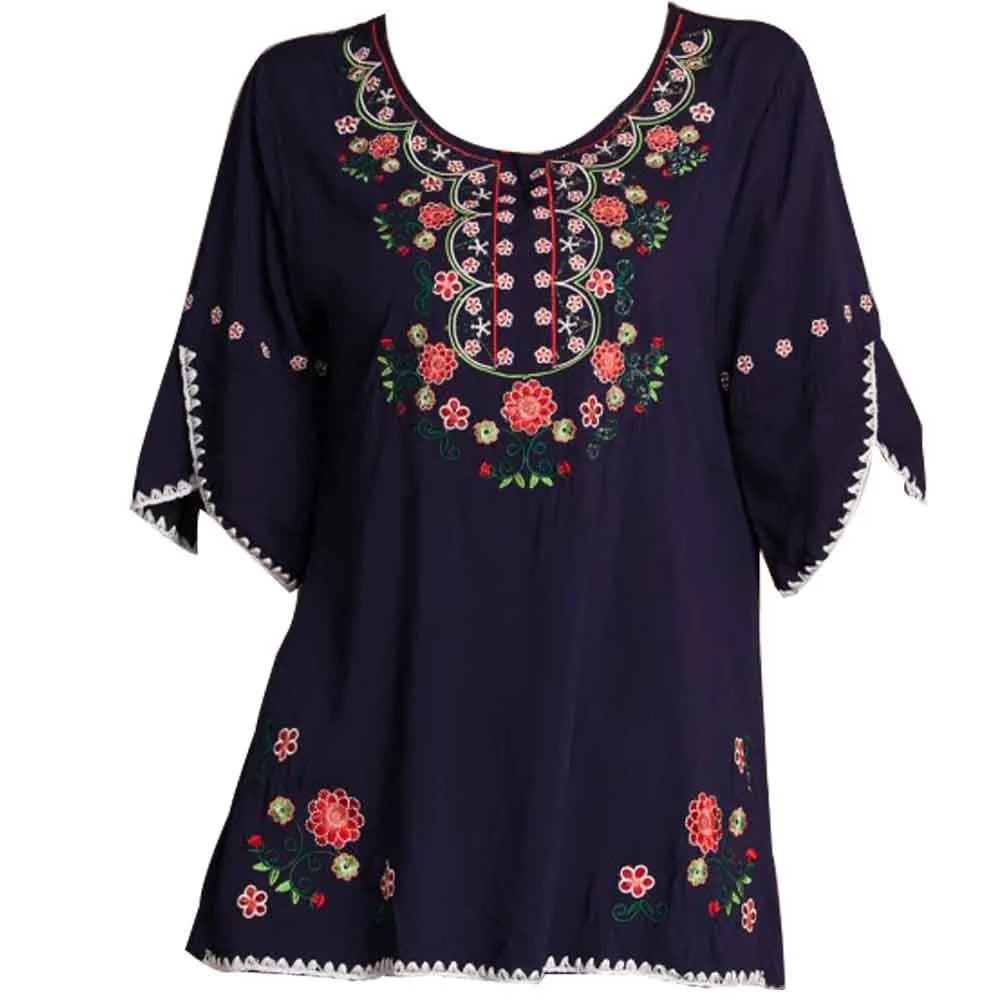Ashir Aley Girls Embroidered Peasant Tops Mexican Bohemian Blouses Navy Blue 8-10 | Floral Embroidery, Cotton, Casual Fit