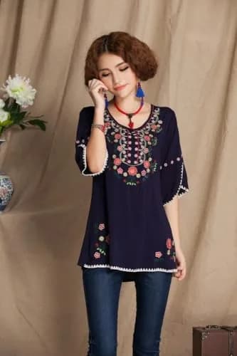 Ashir Aley Girls Embroidered Peasant Tops Mexican Bohemian Blouses Navy Blue 8-10 | Floral Embroidery, Cotton, Casual Fit thumbnail 4