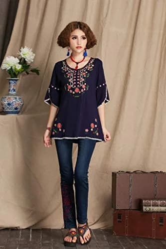 Ashir Aley Girls Embroidered Peasant Tops Mexican Bohemian Blouses Navy Blue 8-10 | Floral Embroidery, Cotton, Casual Fit thumbnail 5
