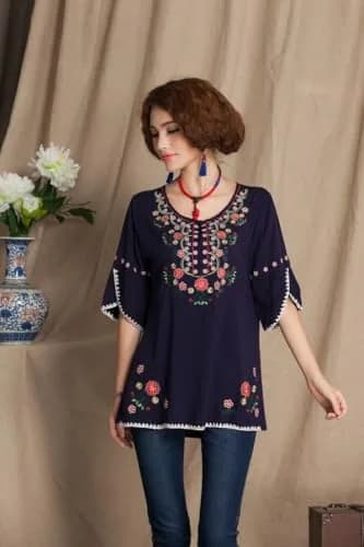 Ashir Aley Girls Embroidered Peasant Tops Mexican Bohemian Blouses Navy Blue 8-10 | Floral Embroidery, Cotton, Casual Fit thumbnail 6
