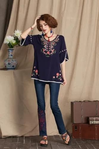 Ashir Aley Girls Embroidered Peasant Tops Mexican Bohemian Blouses Navy Blue 8-10 | Floral Embroidery, Cotton, Casual Fit thumbnail 2