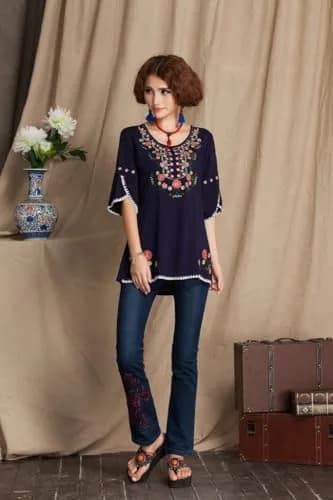Ashir Aley Girls Embroidered Peasant Tops Mexican Bohemian Blouses Navy Blue 8-10 | Floral Embroidery, Cotton, Casual Fit thumbnail 3
