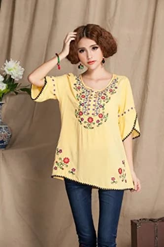Ashir Aley Girls Embroidered Peasant Top Medium Yellow | Boho Mexican Blouse for Summer thumbnail 2