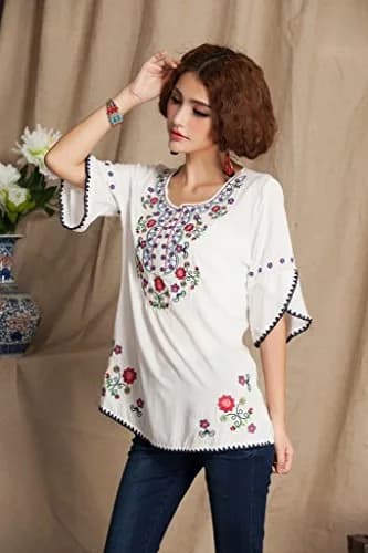 Ashir Aley Girls Embroidered Peasant Top Large White | Bohemian Cotton Blouse for Summer thumbnail 4