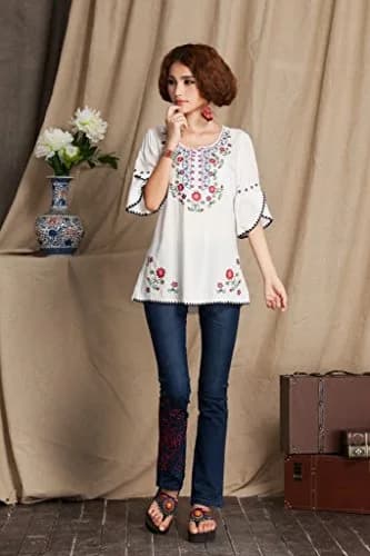 Ashir Aley Girls Embroidered Peasant Top Large White | Bohemian Cotton Blouse for Summer thumbnail 5