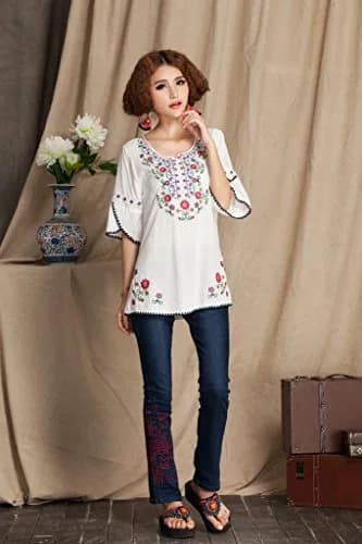 Ashir Aley Girls Embroidered Peasant Top Large White | Bohemian Cotton Blouse for Summer thumbnail 6