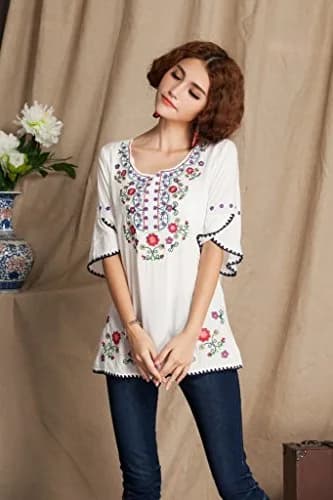 Ashir Aley Girls Embroidered Peasant Top Large White | Bohemian Cotton Blouse for Summer thumbnail 2