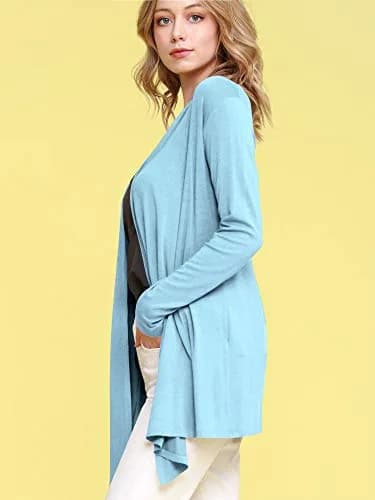 Lock and Love Women's Draped Open Front Cardigan Lightweight Long Sleeve Aqua | Asymmetrical Hem Casual Cover Up thumbnail 3
