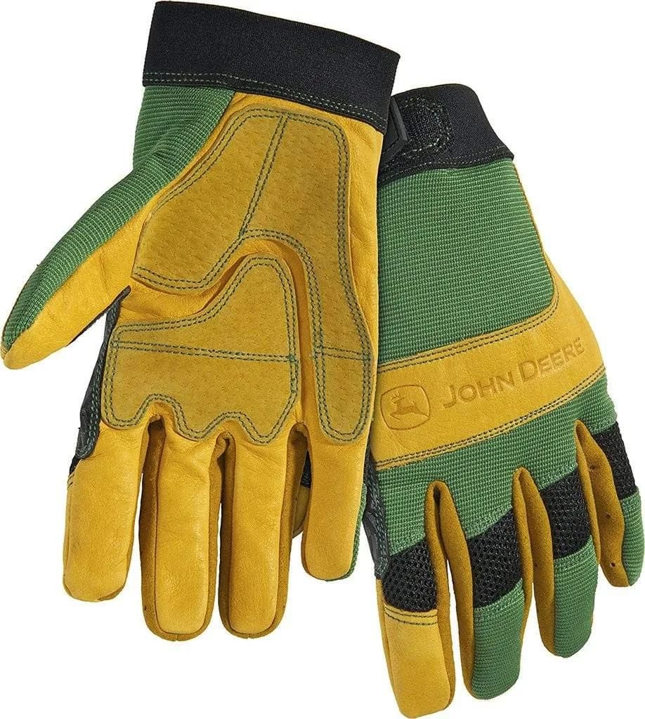 John Deere Leather Gloves Large LP42399 | Heavy-Duty Grain Cowhide Leather Work Gloves