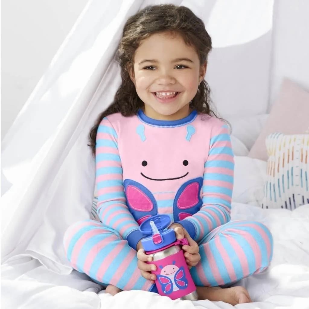 Skip Hop Zoo Stainless Steel Straw Bottle Butterfly 350ml (12 oz) | Spill-Proof Toddler Cup with Grab Strap - view 6