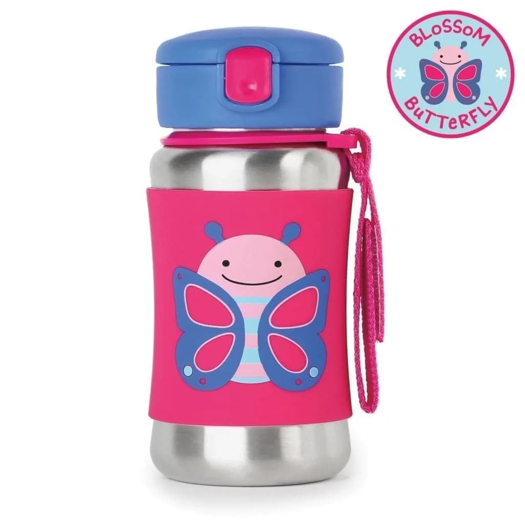 Skip Hop Zoo Stainless Steel Straw Bottle Butterfly 350ml (12 oz) | Spill-Proof Toddler Cup with Grab Strap - view 2