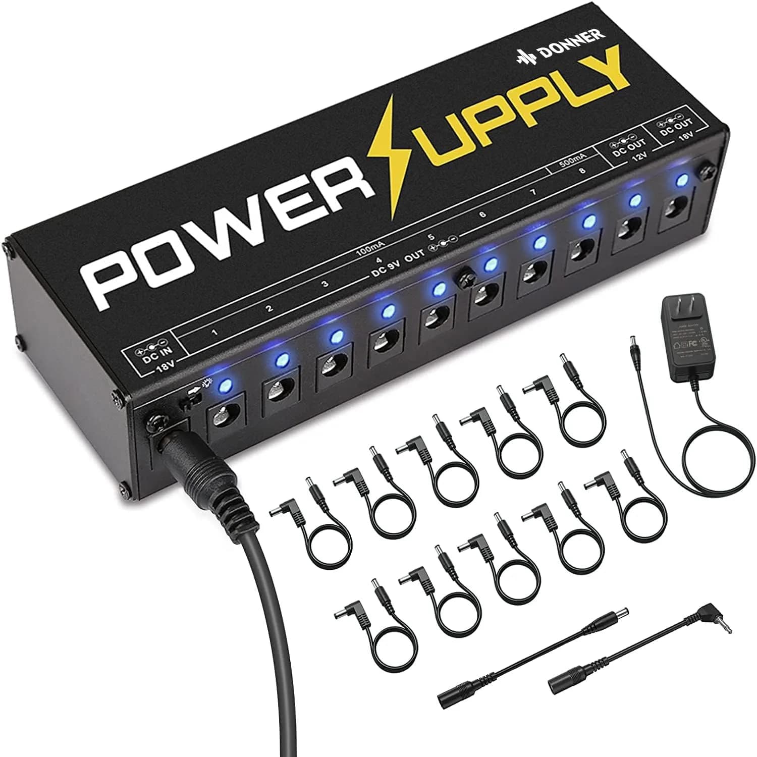 Donner DP-1 Guitar Power Supply 10 Isolated DC Outputs for 9V/12V/18V Effect Pedals | Powers 10 Pedals with Short-Circuit Protection — Black