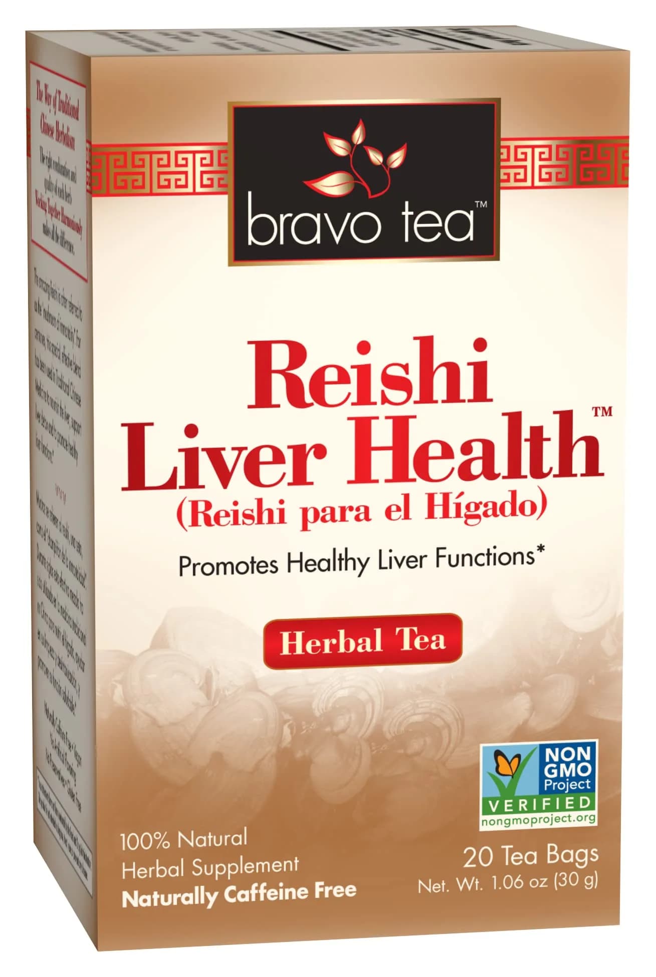 Bravo Tea Reishi Liver Health Herbal Tea 20 Bags | Caffeine Free, Jasmine Flavor, Supports Kidney & Urine Function — 1 Ounce