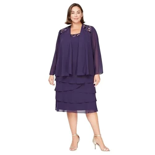 S.L. Fashions Plus-Size Sequin Chiffon Jacket & Special Occasion Dress | Elegant Eggplant 20 thumbnail 1