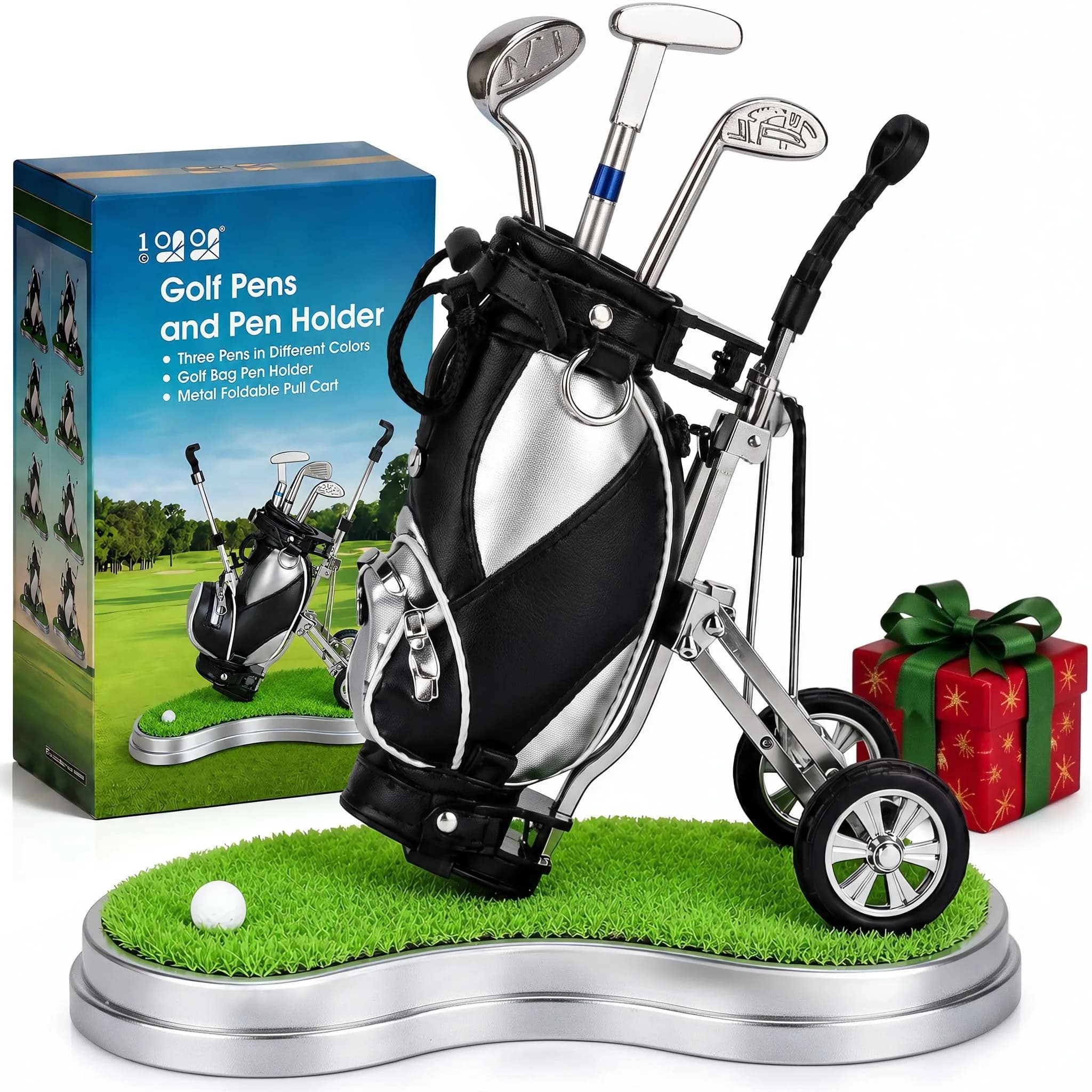 10L0L Golf Pen Holder PU Leather Zipper Pocket 3 Pens Gift | Unique Golf Desk Organizer for Golf Enthusiasts — Silver + Black